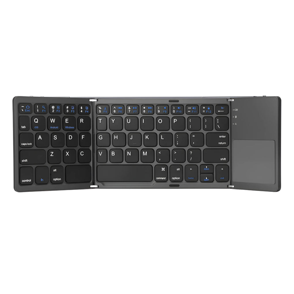 Ultra-thin tri-fold folding touch Bluetooth keyboard shown folded and unfolded with touchpad