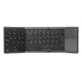 Ultra-thin tri-fold folding touch Bluetooth keyboard shown folded and unfolded with touchpad