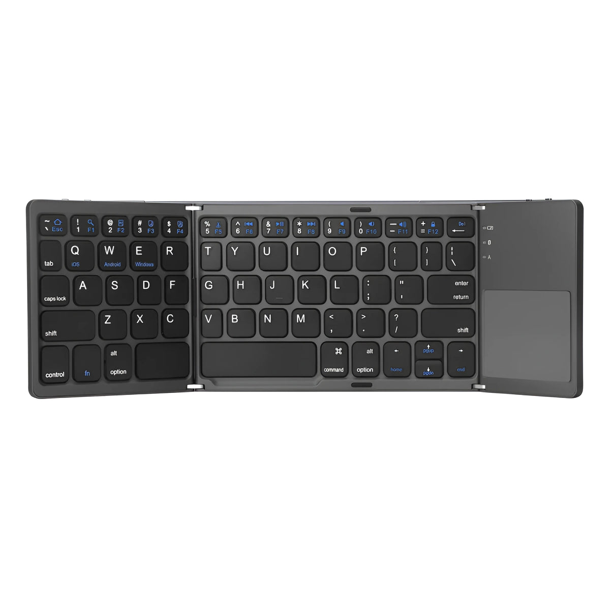 Ultra-thin tri-fold folding touch Bluetooth keyboard shown folded and unfolded with touchpad