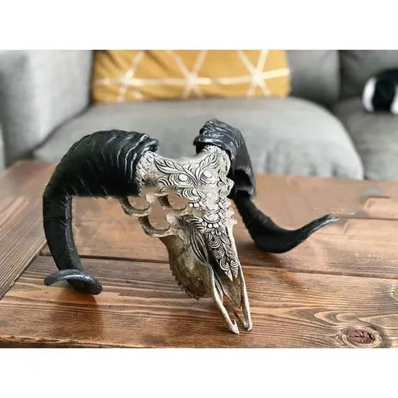 Resin bull head wall decoration with horn detail, available in red or grey and Five pointed star or Totem style.
