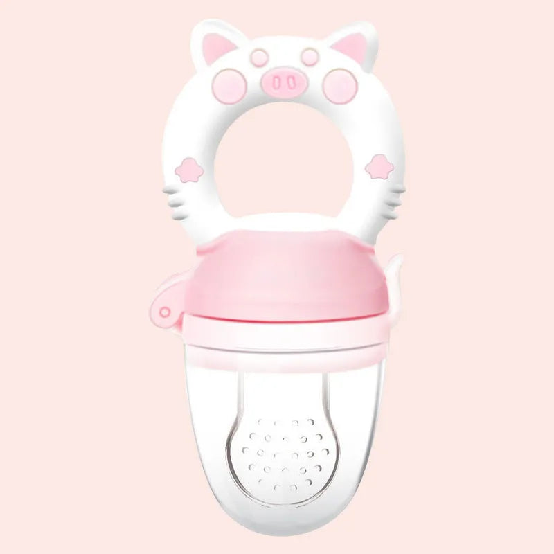 Silicone baby teether in blue, green, and pink colours with mouthpiece design options