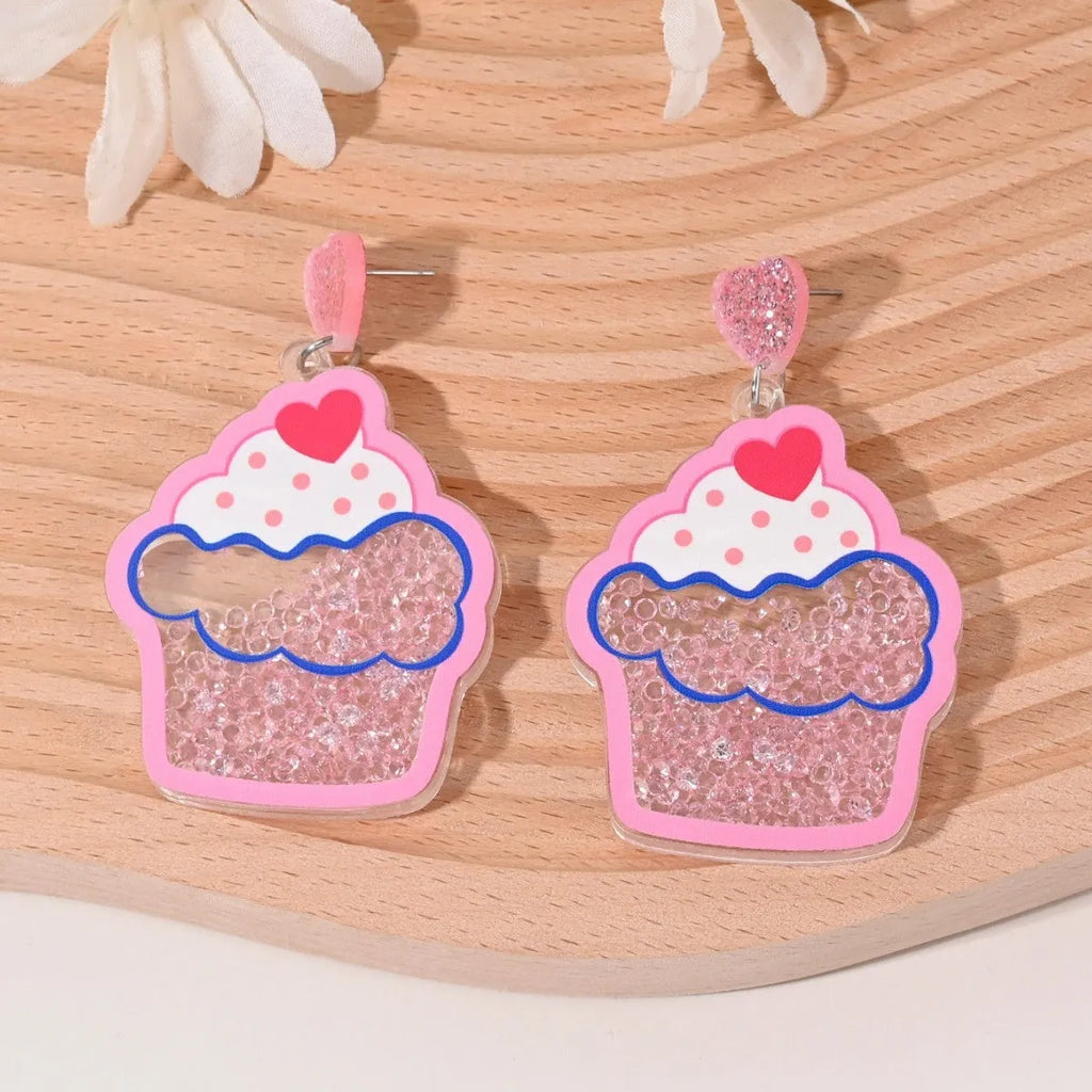 Colourful acrylic earrings shaped like cherry, strawberry, watermelon, pineapple, coconut tree, cake, and ice cream