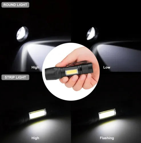 Black aluminium alloy mini telescopic flashlight with pocket clip and adjustable focus zoom.