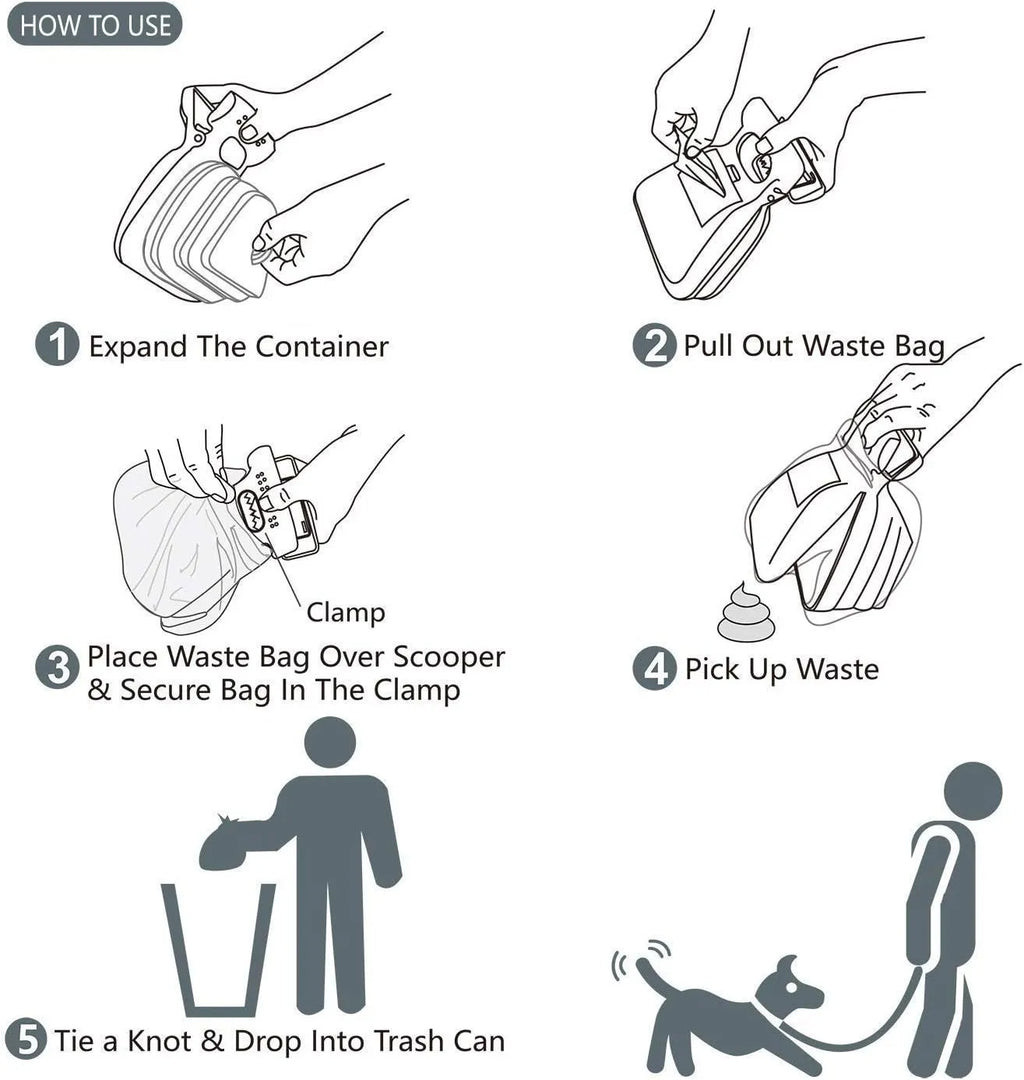 Portable handheld pooper scooper for dog waste cleanup with integrated bag dispenser and clip