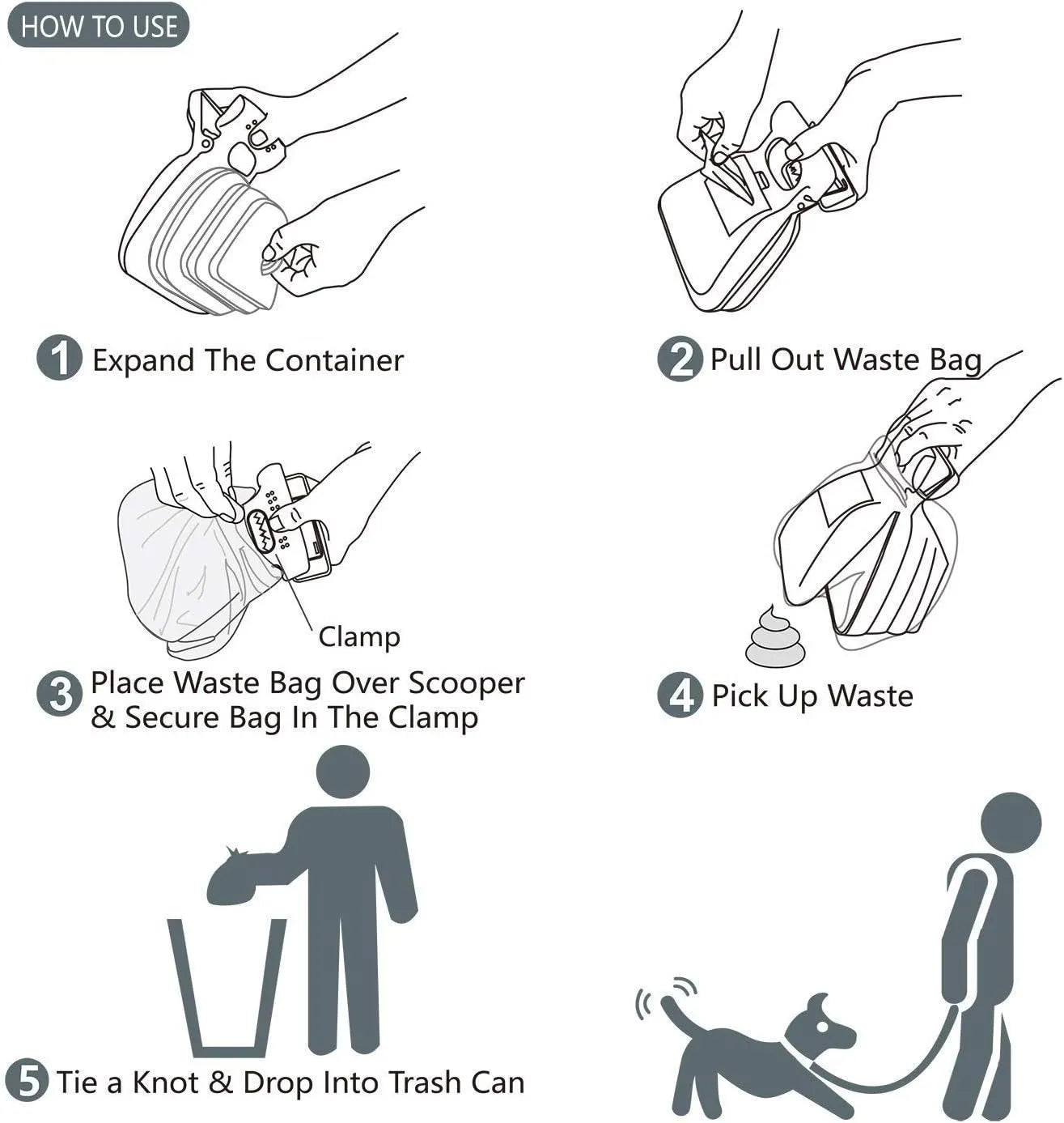 Portable handheld pooper scooper for dog waste cleanup with integrated bag dispenser and clip
