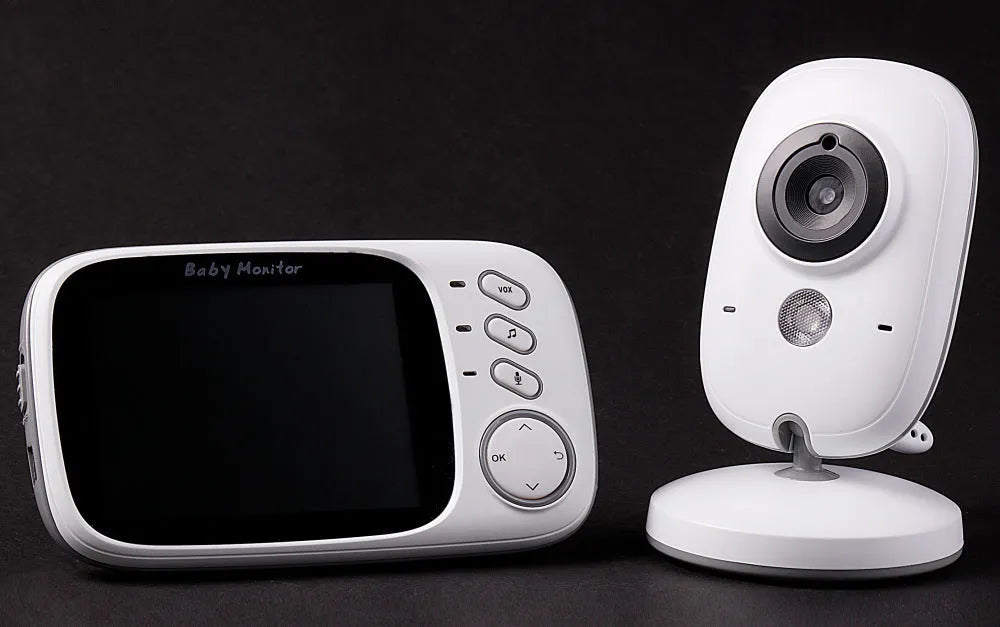 VB603 digital baby monitor with parent unit showing 3.2-inch screen and separate camera with infrared LEDs.