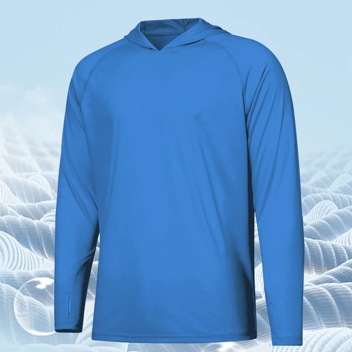 Long-sleeved hooded outdoor top in a solid colour for fishing and climbing with UV protection.