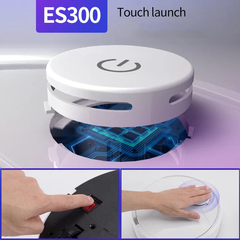 Automatic sweeping floor cleaner robot with compact black ABS body on a wooden floor.