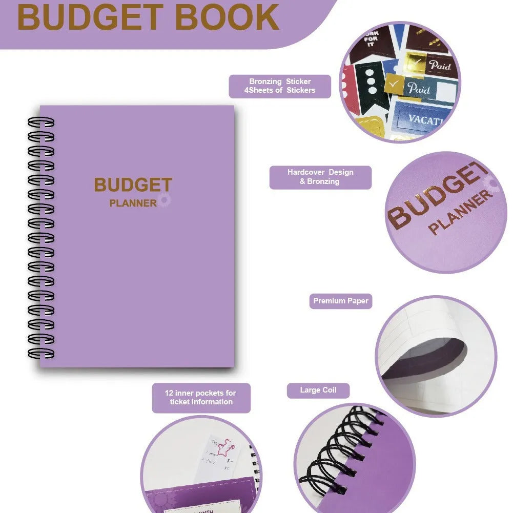 J12 purple coil-bound budget notebook with pen, sticker sheets, and paper clips for financial planning.