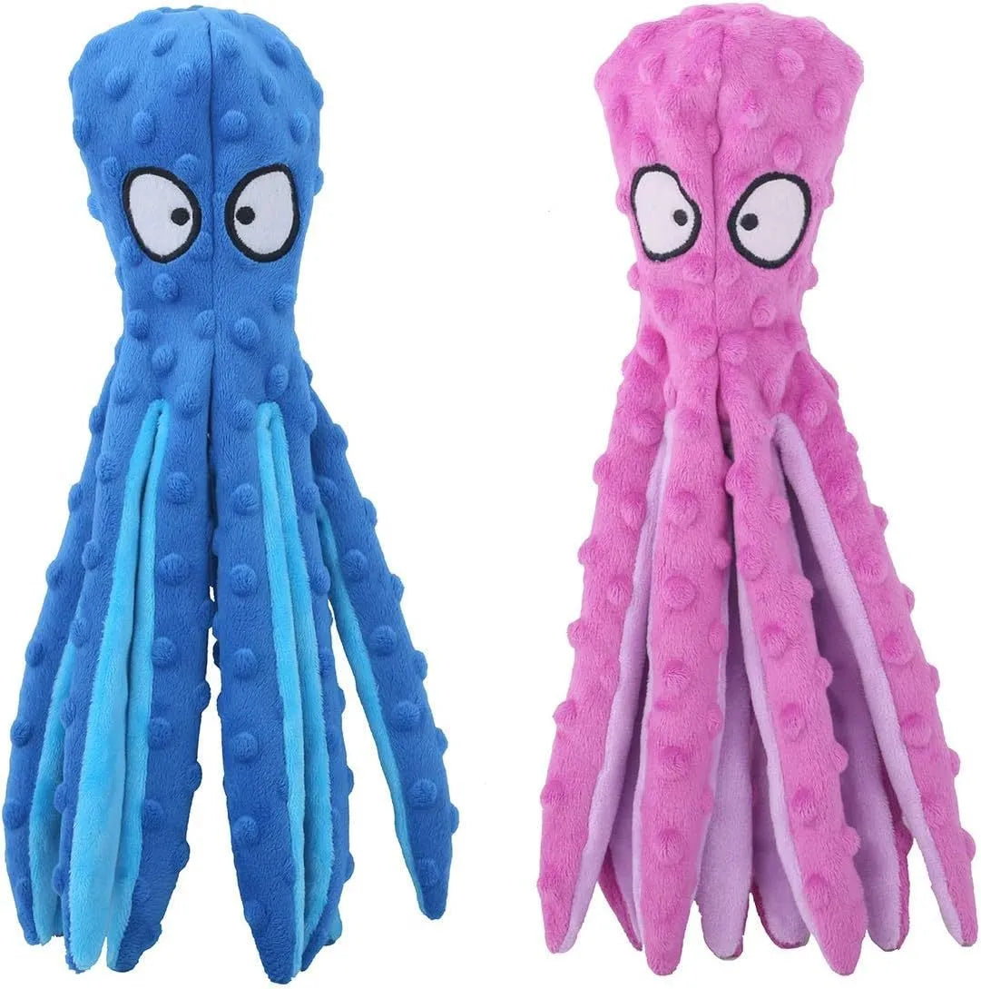Blue octopus-shaped dog plush toy with squeaker and crinkle sounds, measuring 32 cm long.