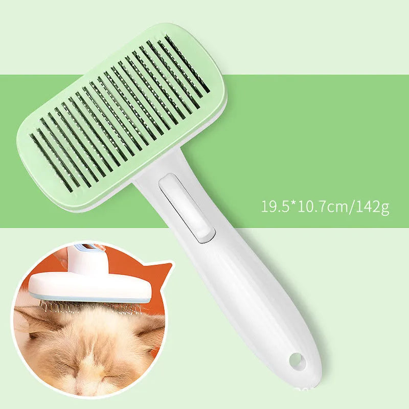 Automatic pet hair removal comb in blue, showing handheld design with comb head.