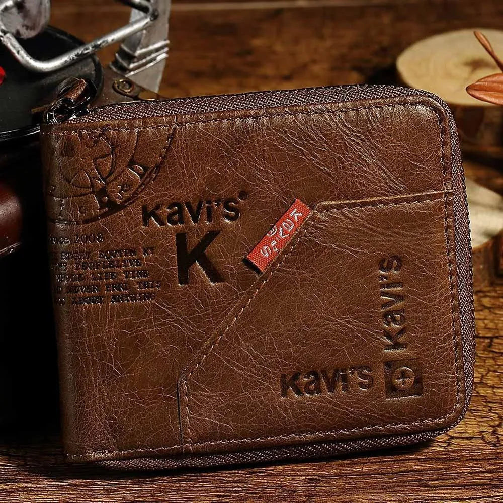 Coffee brown genuine leather men's wallet with zipper open showing multiple internal card slots and compartments.