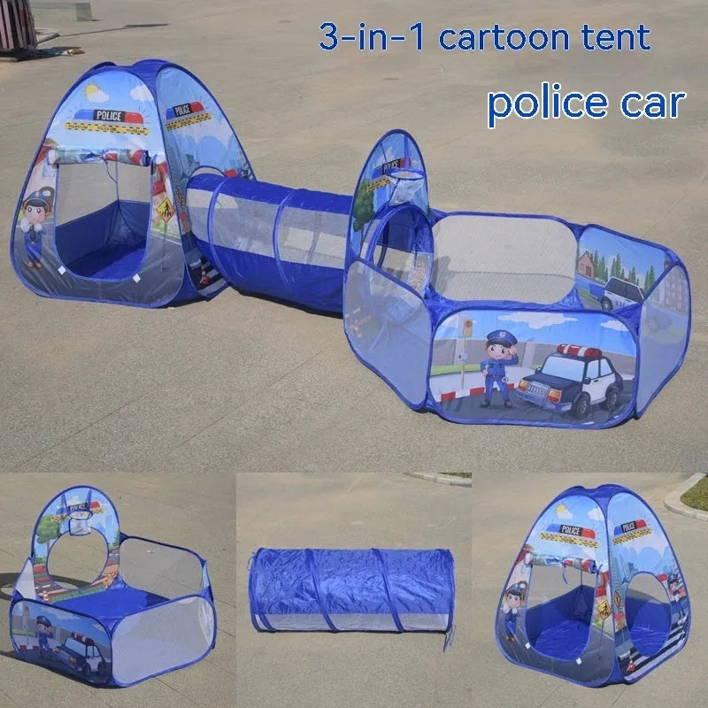 Three-in-one children's tent with marine cartoon design showing fabric tent, ball pool and connecting tunnel sections