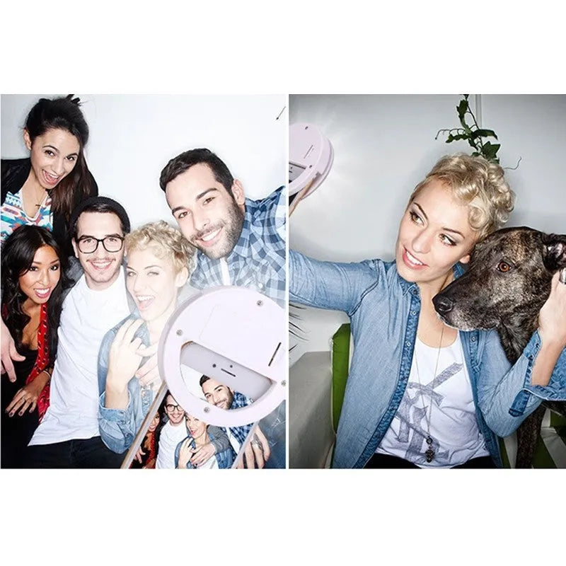 Selfie ring light clip with LED bulbs attached to mobile phone for low-light photography