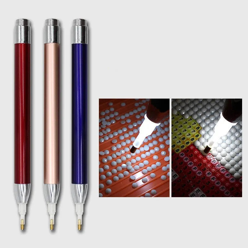Luminous single-head drill pen for diamond painting crafts in aluminium alloy with metal frame