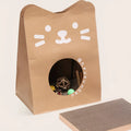 Brown kraft paper cat nest with integrated scratch board measuring 40cm wide by 53cm tall