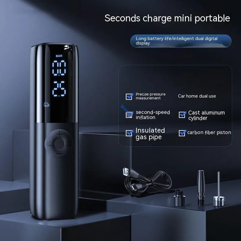 Black portable electric car air pump with pressure gauge and hose