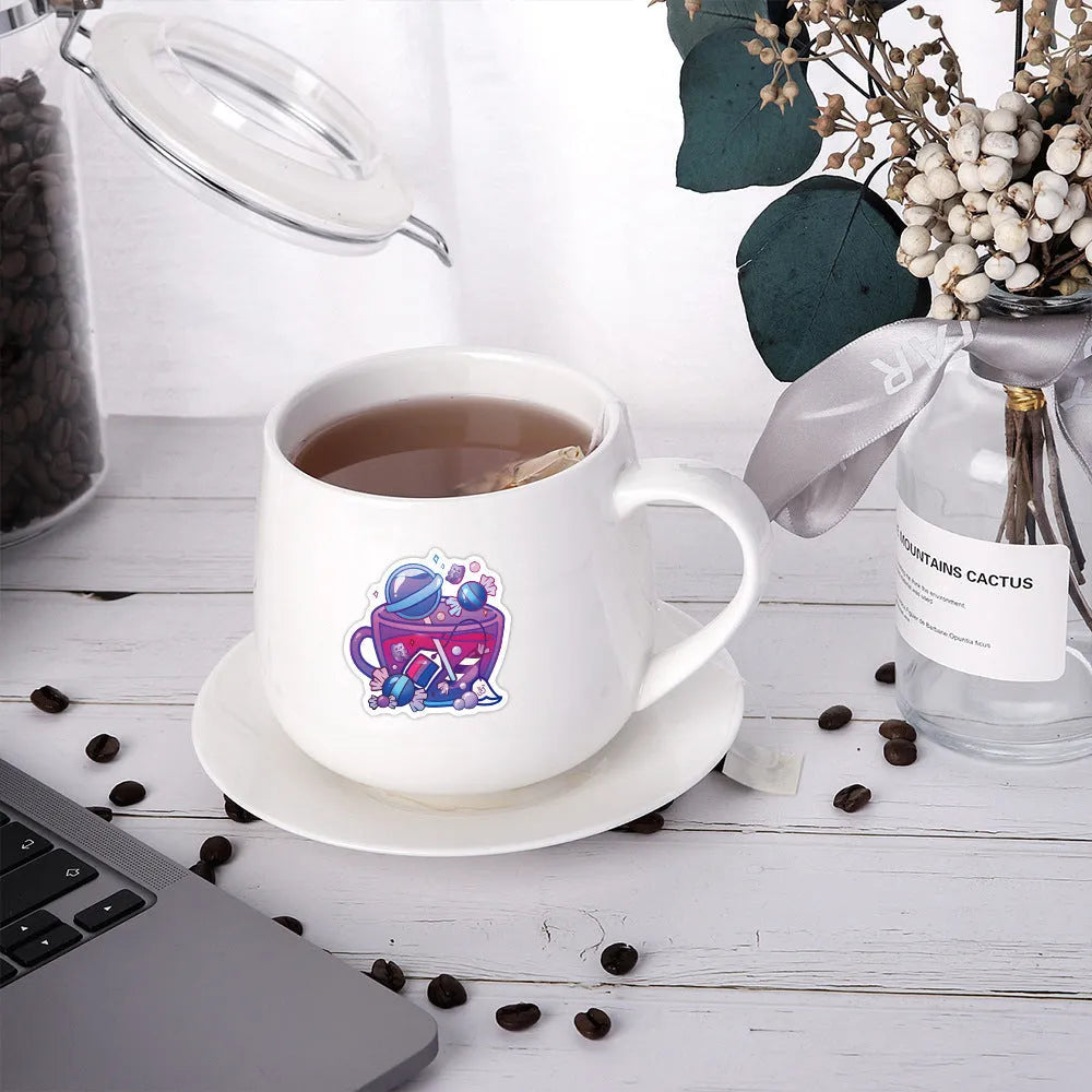 Pack of 50 colourful tea cup graffiti design waterproof stickers for DIY personalisation on scooters and luggage.