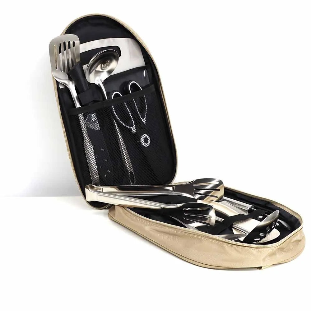 Portable picnic kitchenware storage bag containing stainless steel cutlery set for twelve persons