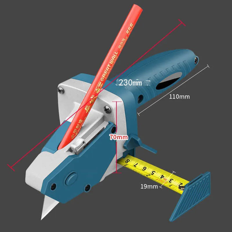 Blue multifunctional woodworking cutter with aluminium alloy body and measurement scale for dust-free board cutting.