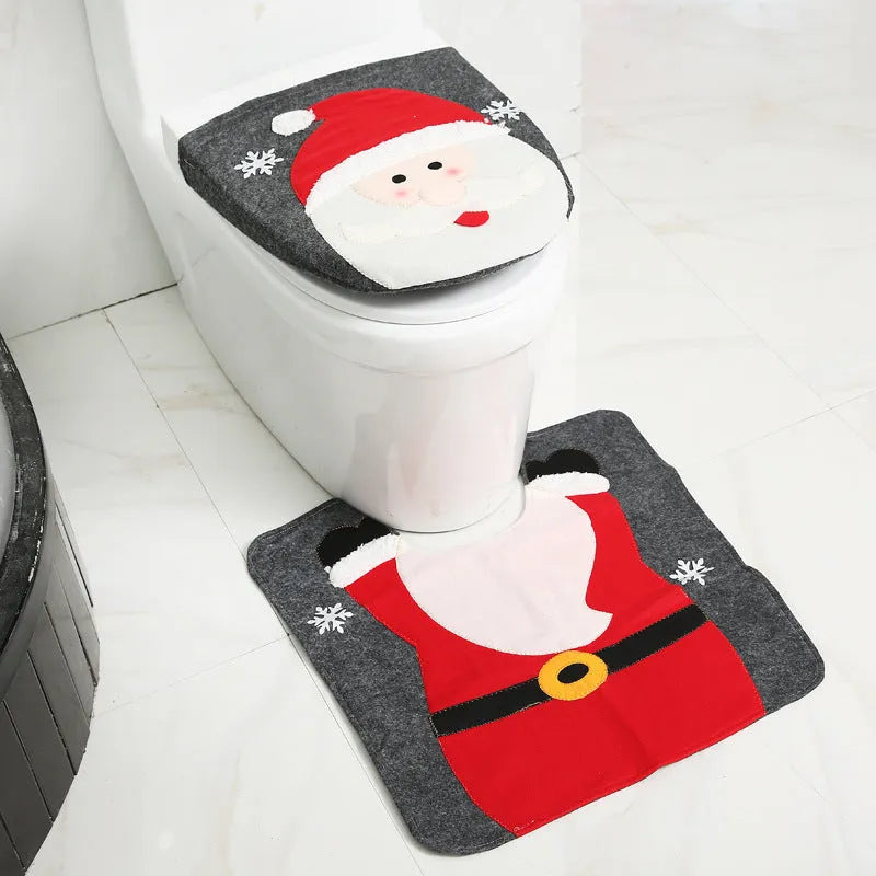 Christmas bathroom decoration set with flannel toilet cover, floor mat, and shower curtain in Santa design