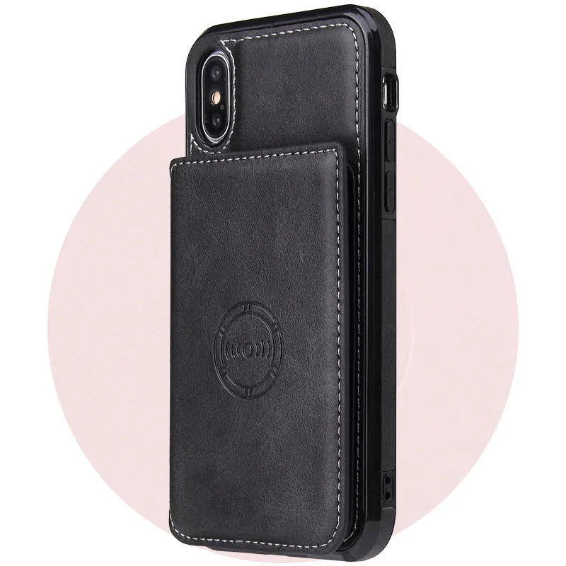 Imitation leather card wallet phone case for iPhone in multiple colour options showing card storage and back cover design