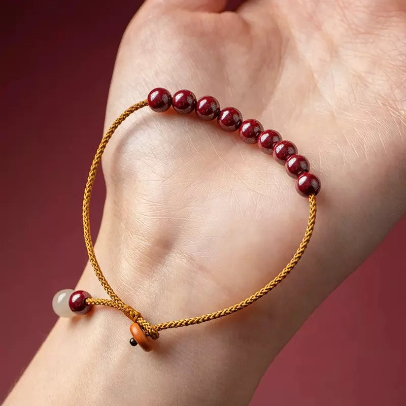 Hand-woven cinnabar and Hetian jade geometric bracelet with adjustable one-piece design