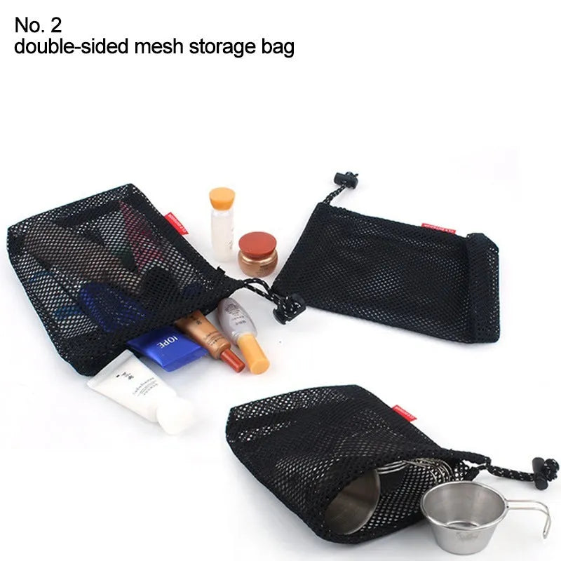 Red outdoor travel storage bag set with 5 pieces showing Oxford cloth and mesh construction