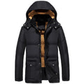 Men's black double-breasted padded winter jacket with hood and velvet lining