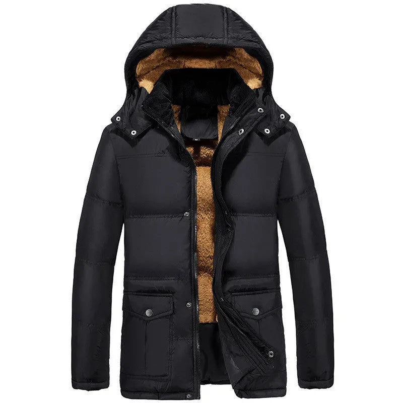 Men's black double-breasted padded winter jacket with hood and velvet lining