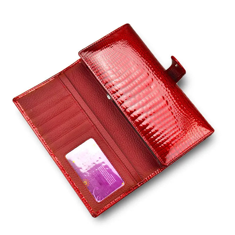Genuine leather women's coin purse with patent crocodile pattern in wine red, black, and red colour options