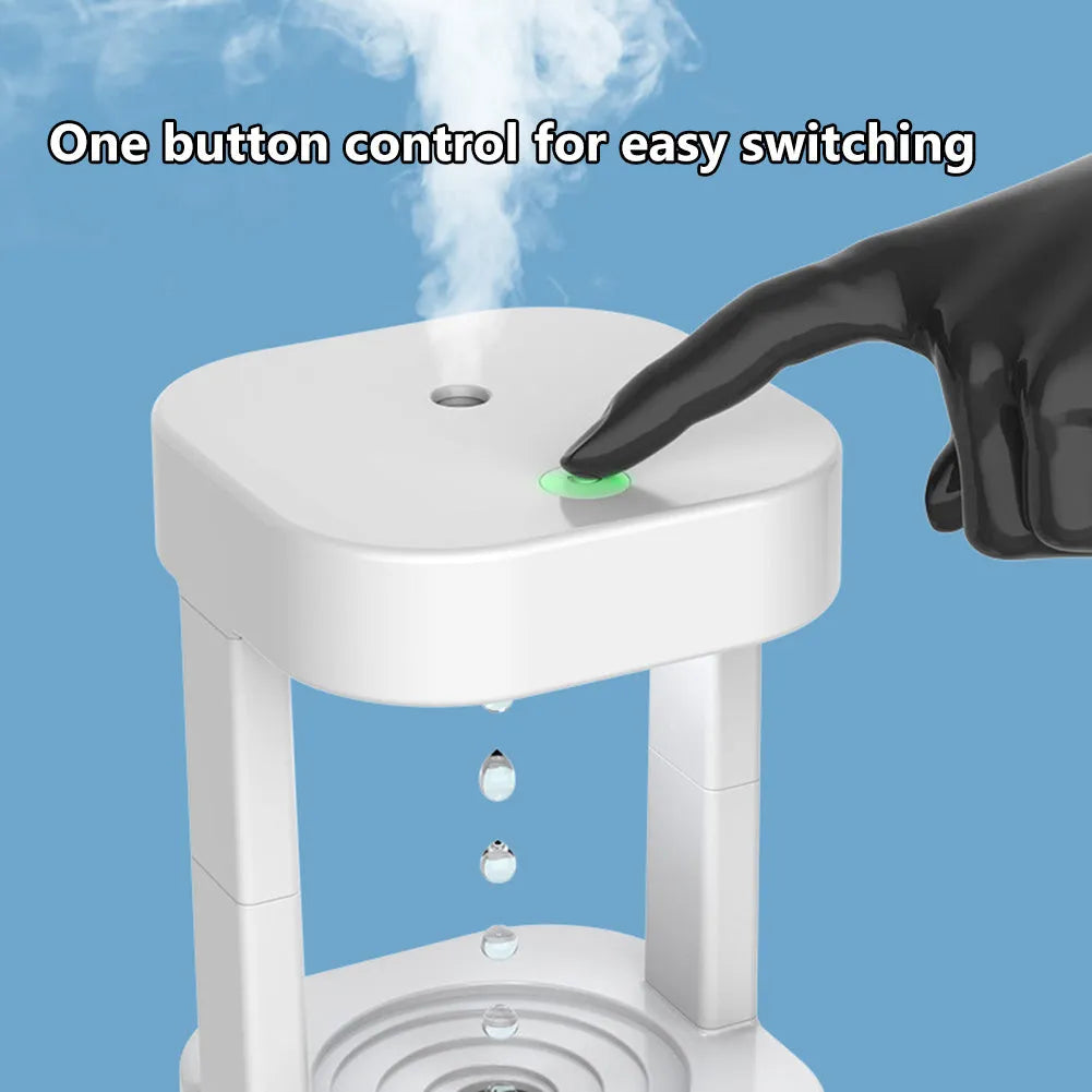 Anti-gravity water drop humidifier, 580ml, USB Type-C, 12.5 x 12.5 x 23.5cm ABS body, Coloured light or White