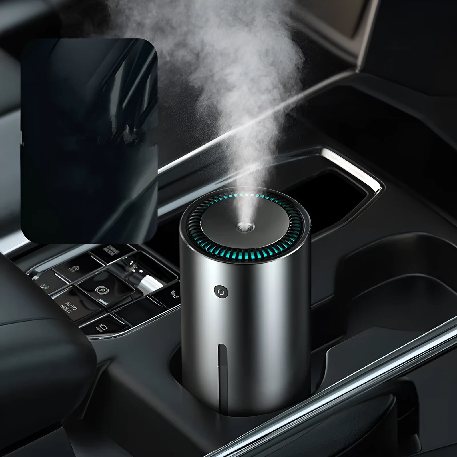 Black aluminium alloy car diffuser humidifier with USB cable on a car dashboard