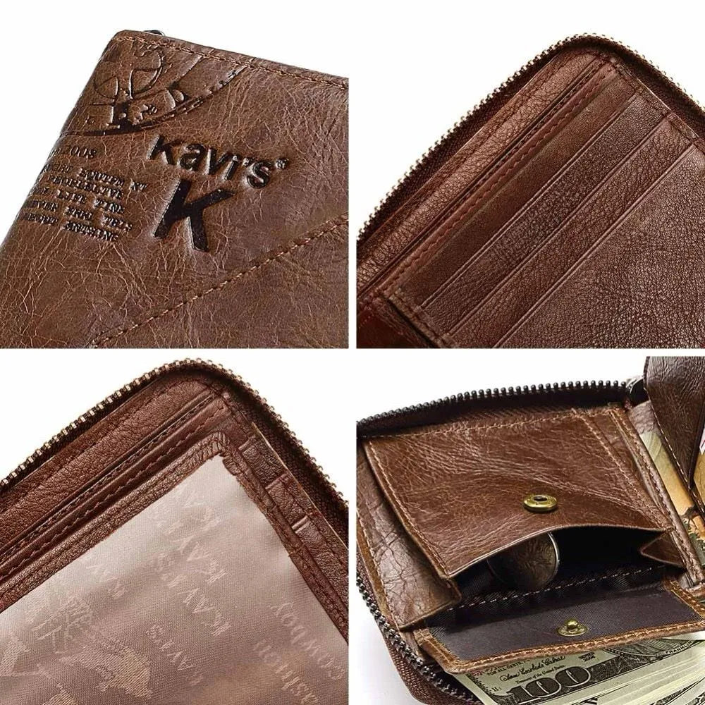 Coffee brown genuine leather men's wallet with zipper open showing multiple internal card slots and compartments.