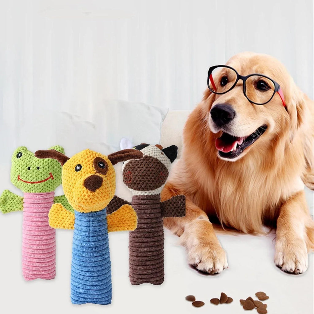 Soft stuffed dog squeaky chew toy in animal shape with teeth cleaning function