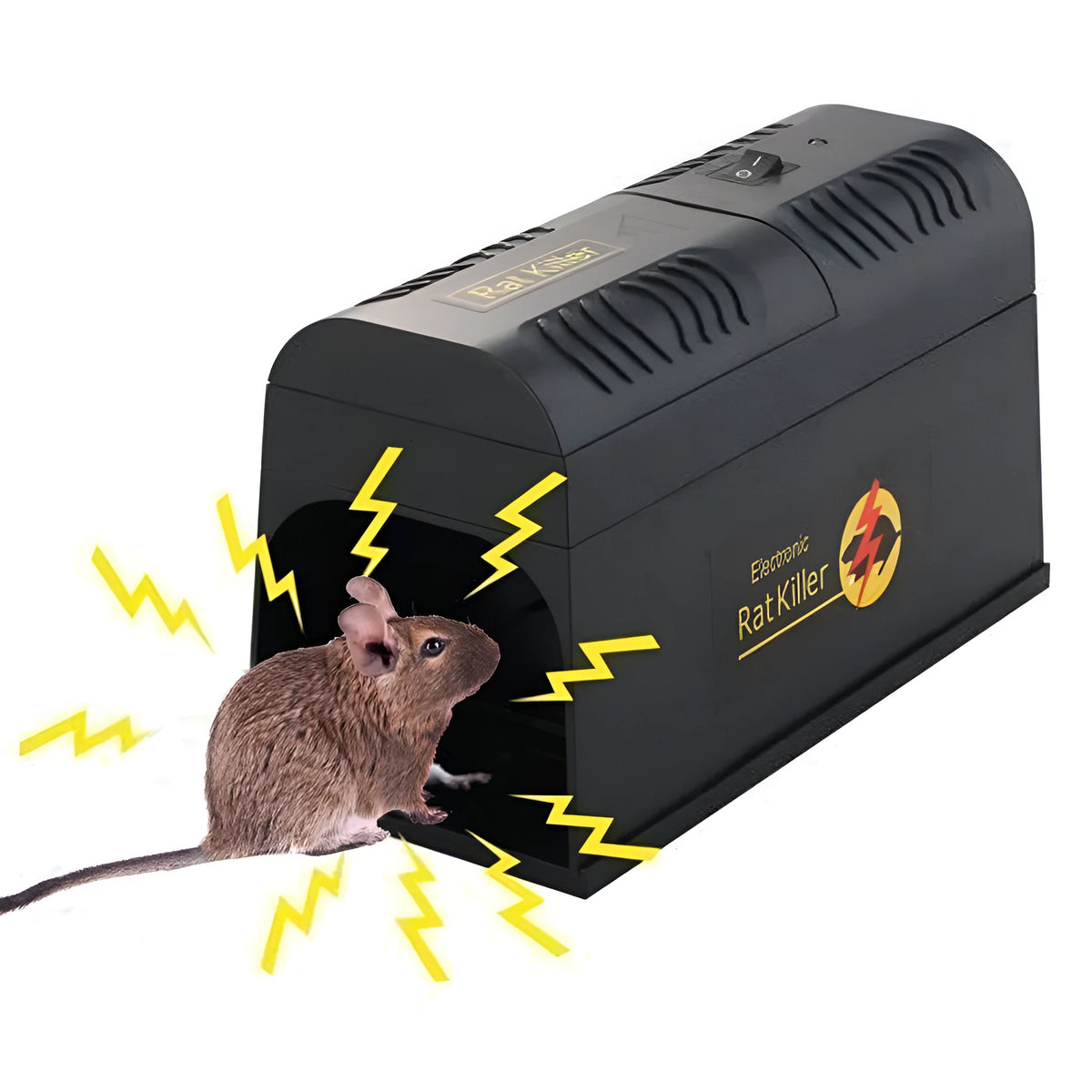 Black electronic rodent killer device with high voltage trigger measuring 208x115x75mm