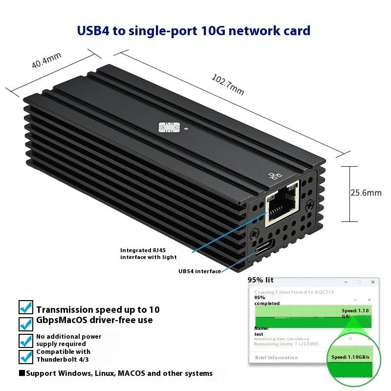 Black Leyu USB4 to RJ45 10 Gigabit Ethernet network adapter with 20cm cable.