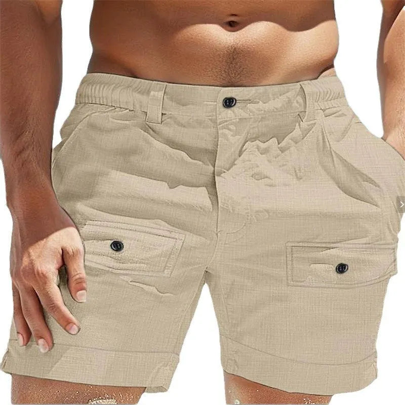 Men's linen shorts with elastic waistband and side button pockets in straight leg style