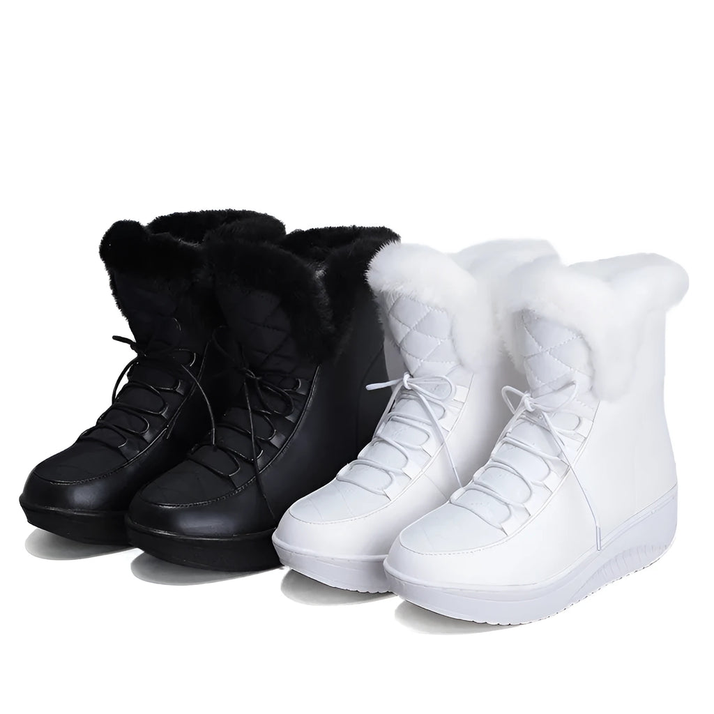 Women's black PU leather winter boots with 3cm platform sole and lace-up closure