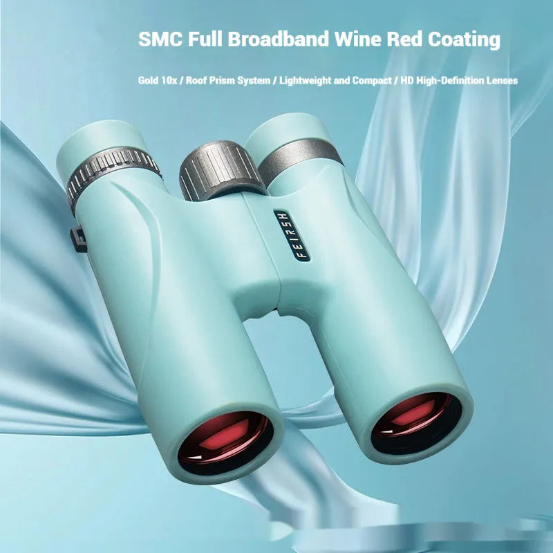 Blue or grey coloured compact 10x32 binoculars with wine red film coating on the lenses.