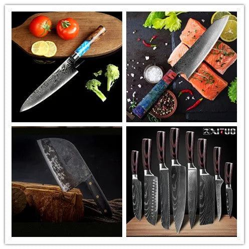 Eight-piece kitchen knives set showing chef knife, bread knife, boning knife and fruit peel knife with Damascus steel blades
