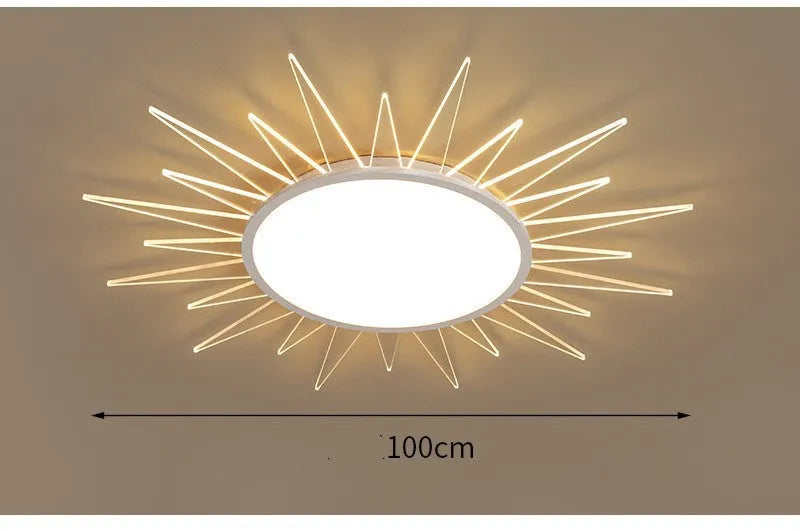 Modern circular aluminium LED ceiling lamp with remote control shown in room setting