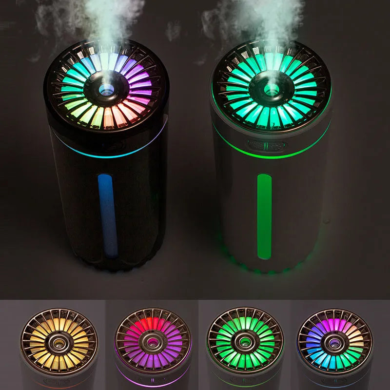 Black portable humidifier with LED lights showing dimensions and USB charging port