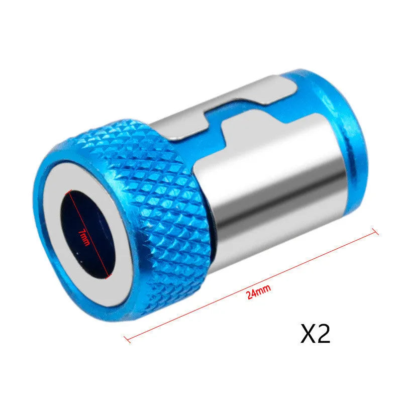 Light blue screwdriver bit with magnetic ring, slotted head, high carbon steel construction