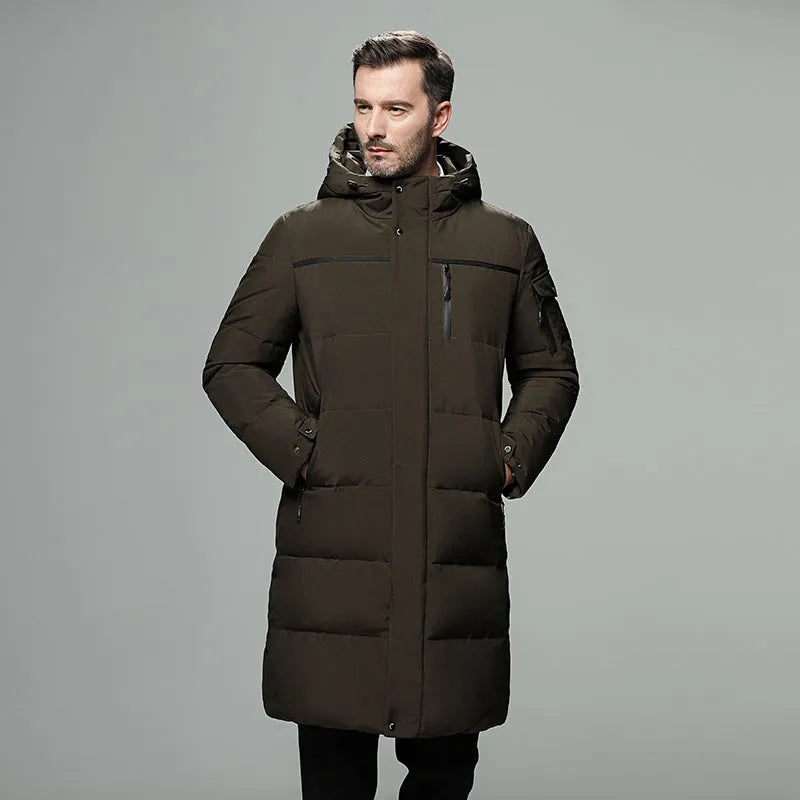 Long padded down jacket for men in black, grey, or green coffee, 100% polyester shell, white duck down filling, sizes M-5XL