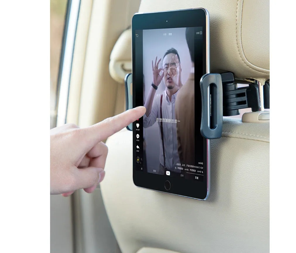 Black car phone holder mounted on rear seat base with universal tablet cradle