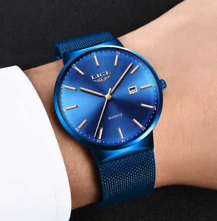 Men's stainless steel watch with 40mm case, shown in black, blue, and black blue colour variations.