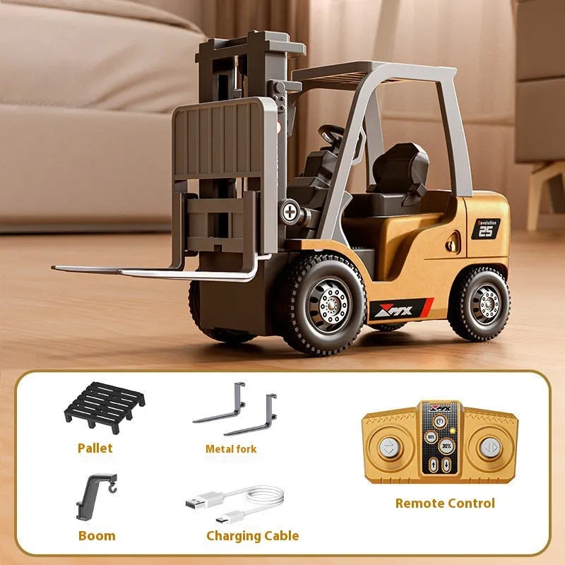 1:64 scale metal alloy remote control forklift model with mini remote, cargo hook, and pallet.
