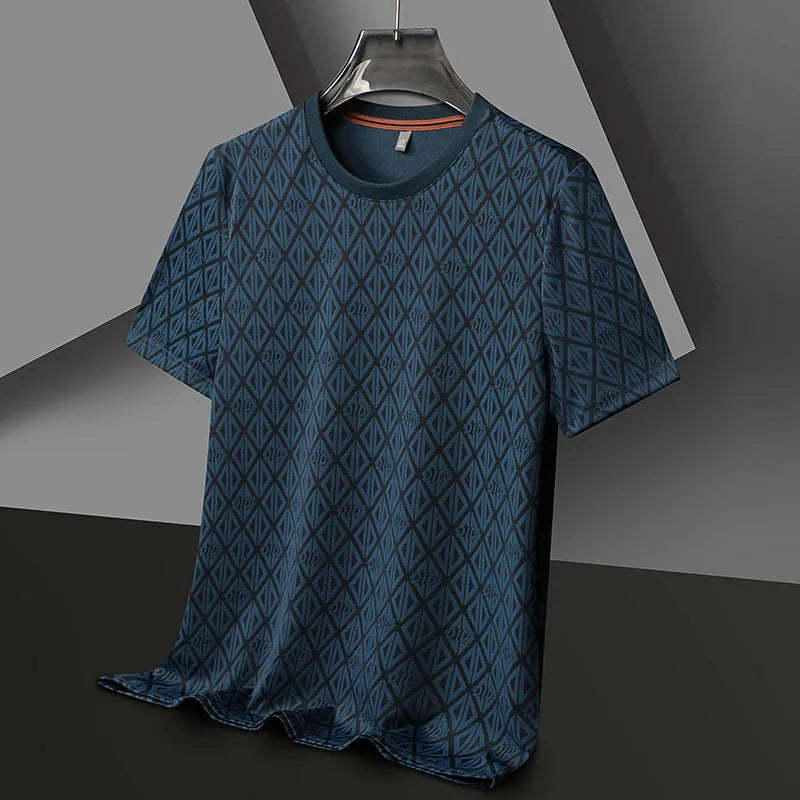 Man wearing a loose fit black Jacquard short sleeve T-shirt with a round neckline.