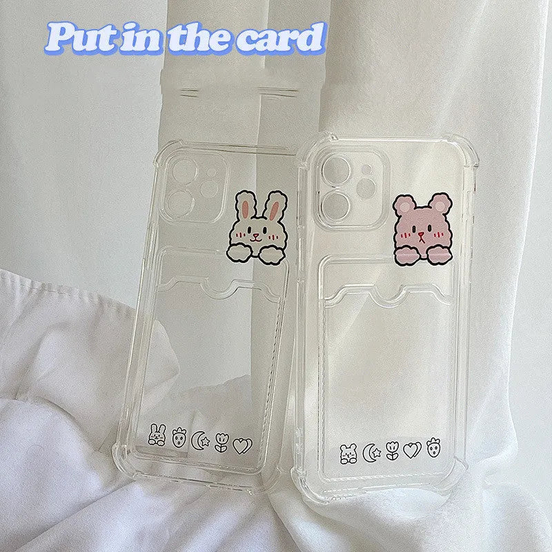 Cartoon design transparent TPU phone case with card slot for iPhone, shown in BQ2472 colour.